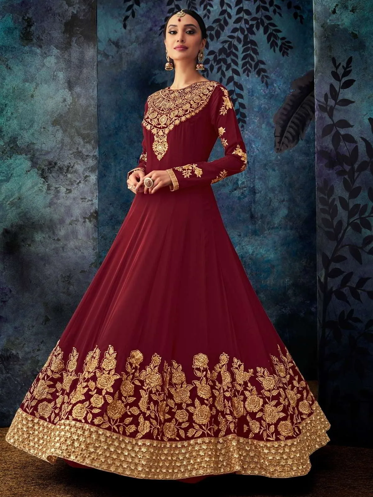 Maroon Golden Embroidered Georgette Anarkali Suit