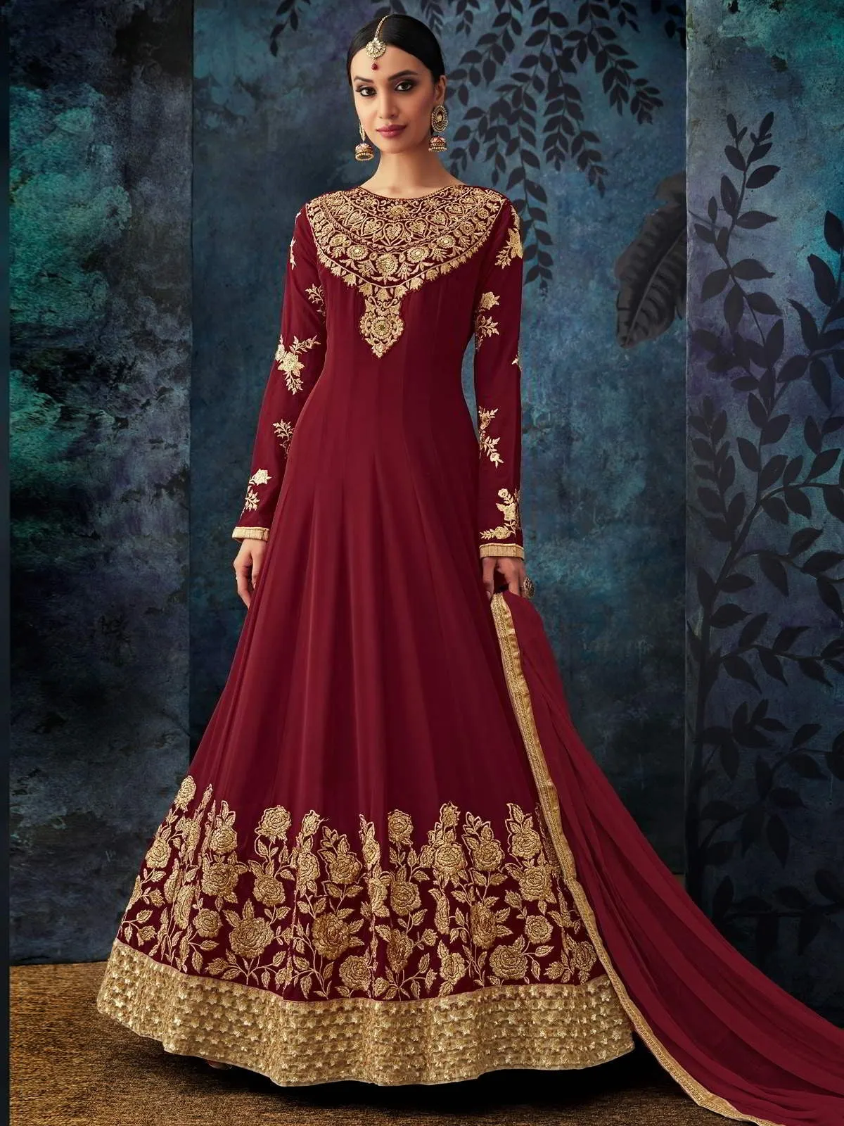 Maroon Golden Embroidered Georgette Anarkali Suit