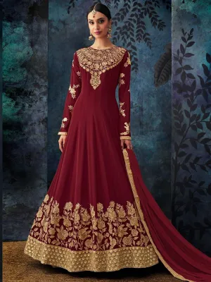 Maroon Golden Embroidered Georgette Anarkali Suit