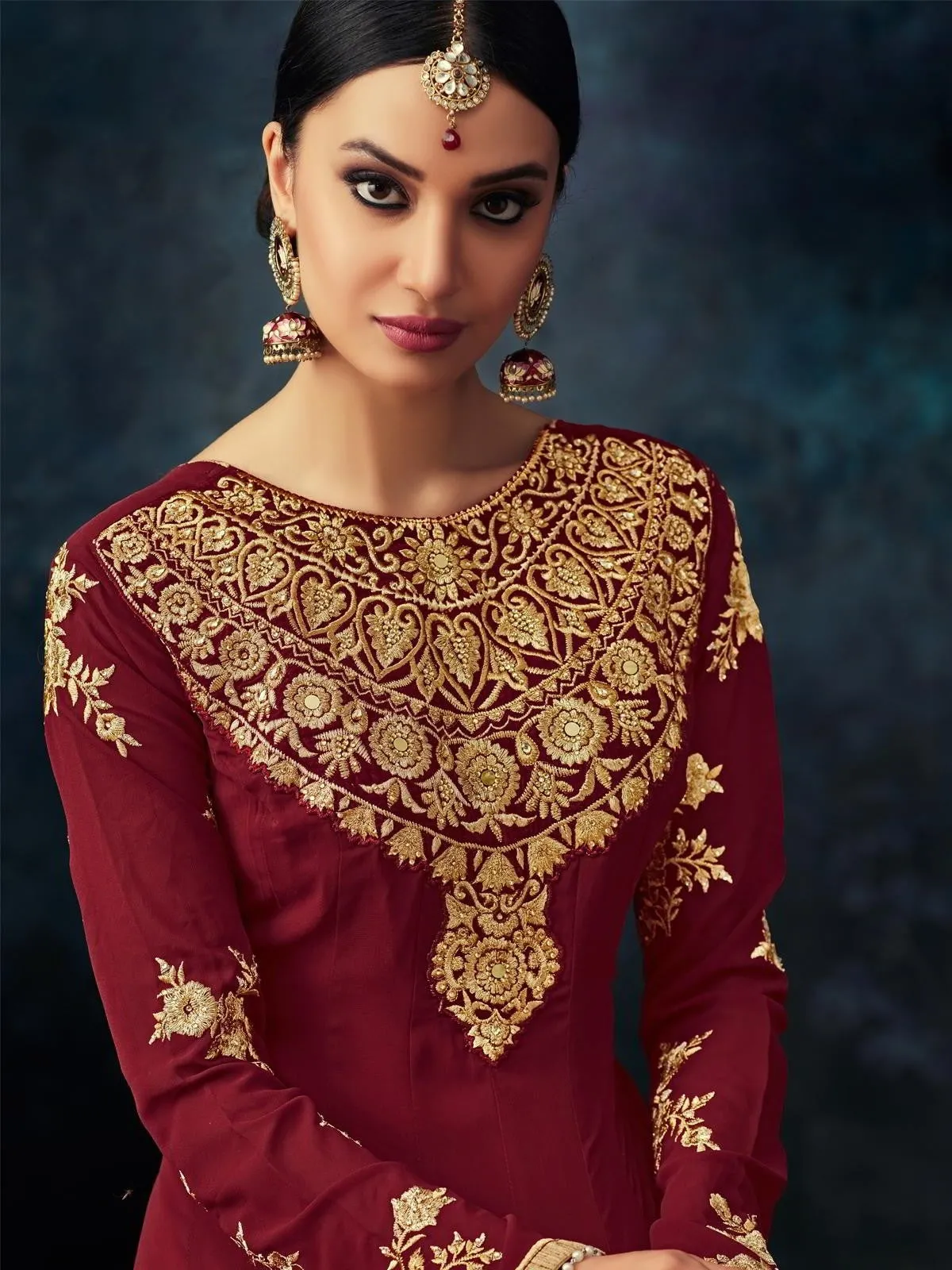 Maroon Golden Embroidered Georgette Anarkali Suit