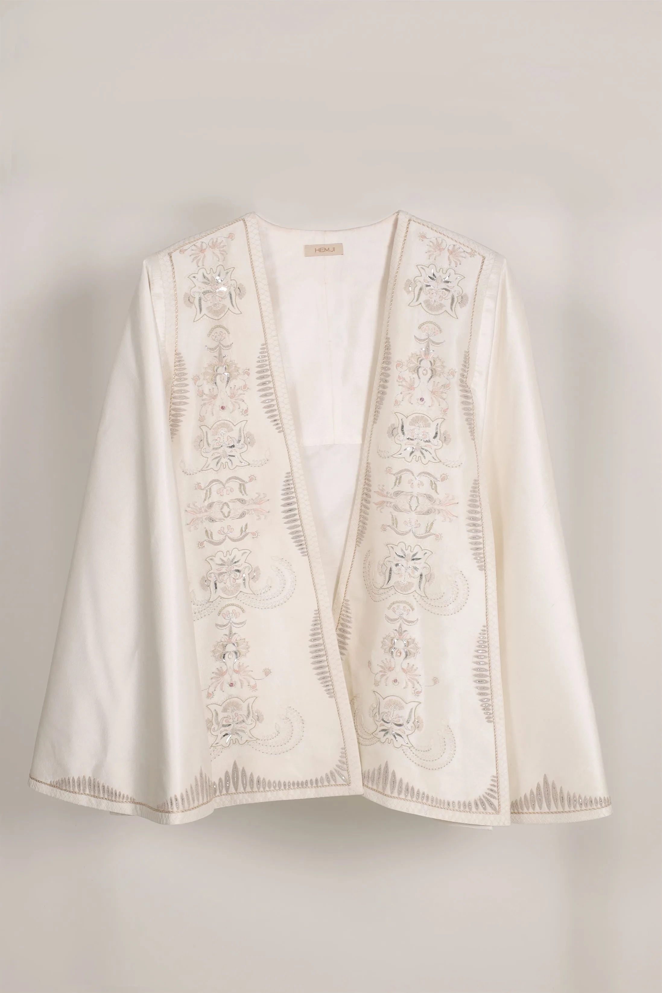 New Season Summer to Fall 2024-Overlay Cape Embroidered Silk Pearl White-WH/S/048-Suzanne-Fashion Edit Hemji