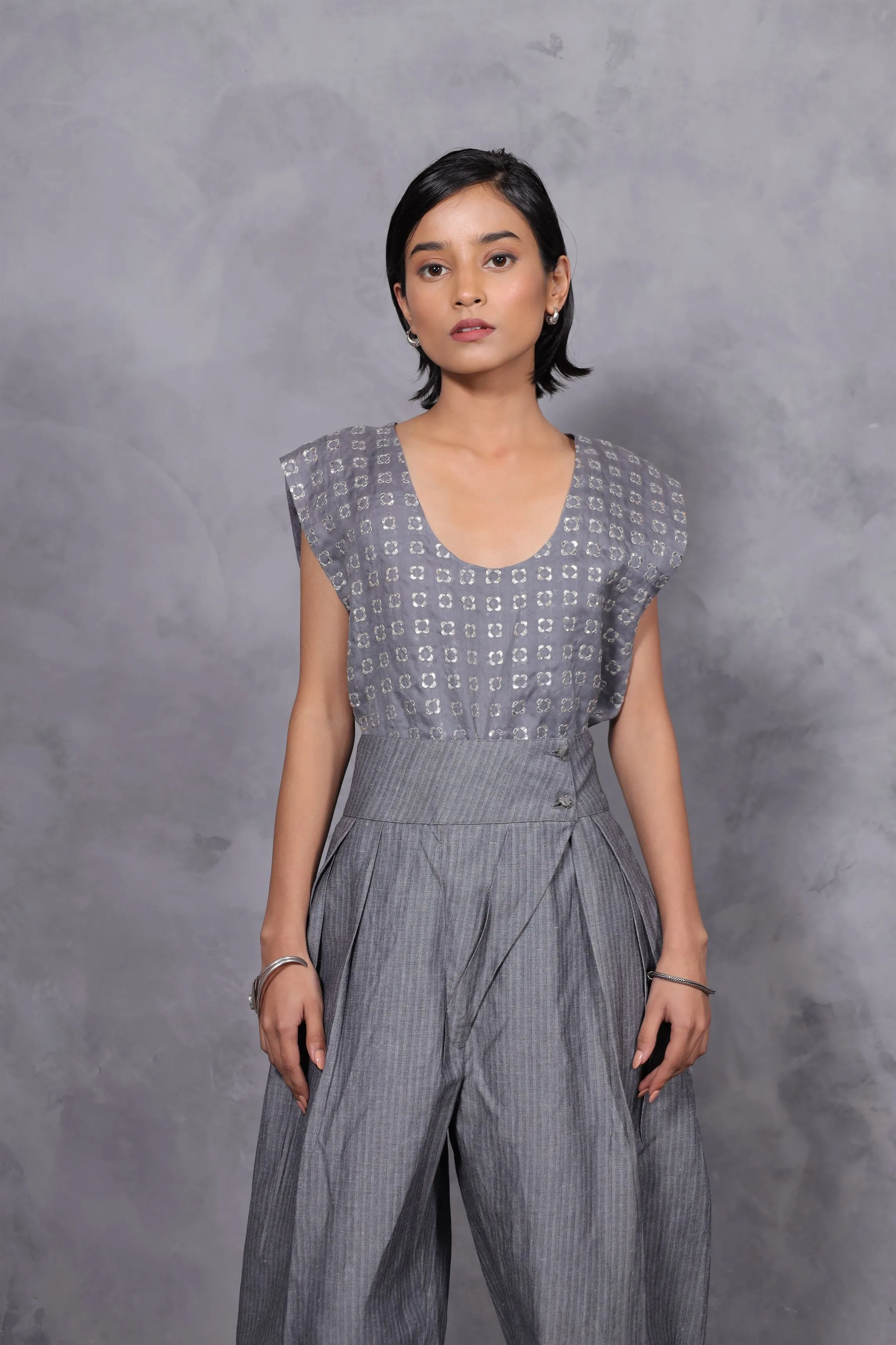 New Season Summer to Fall 2024--Top Embroidered Silk Silver-CH2/25-Senso-Fashion Edit Hemji
