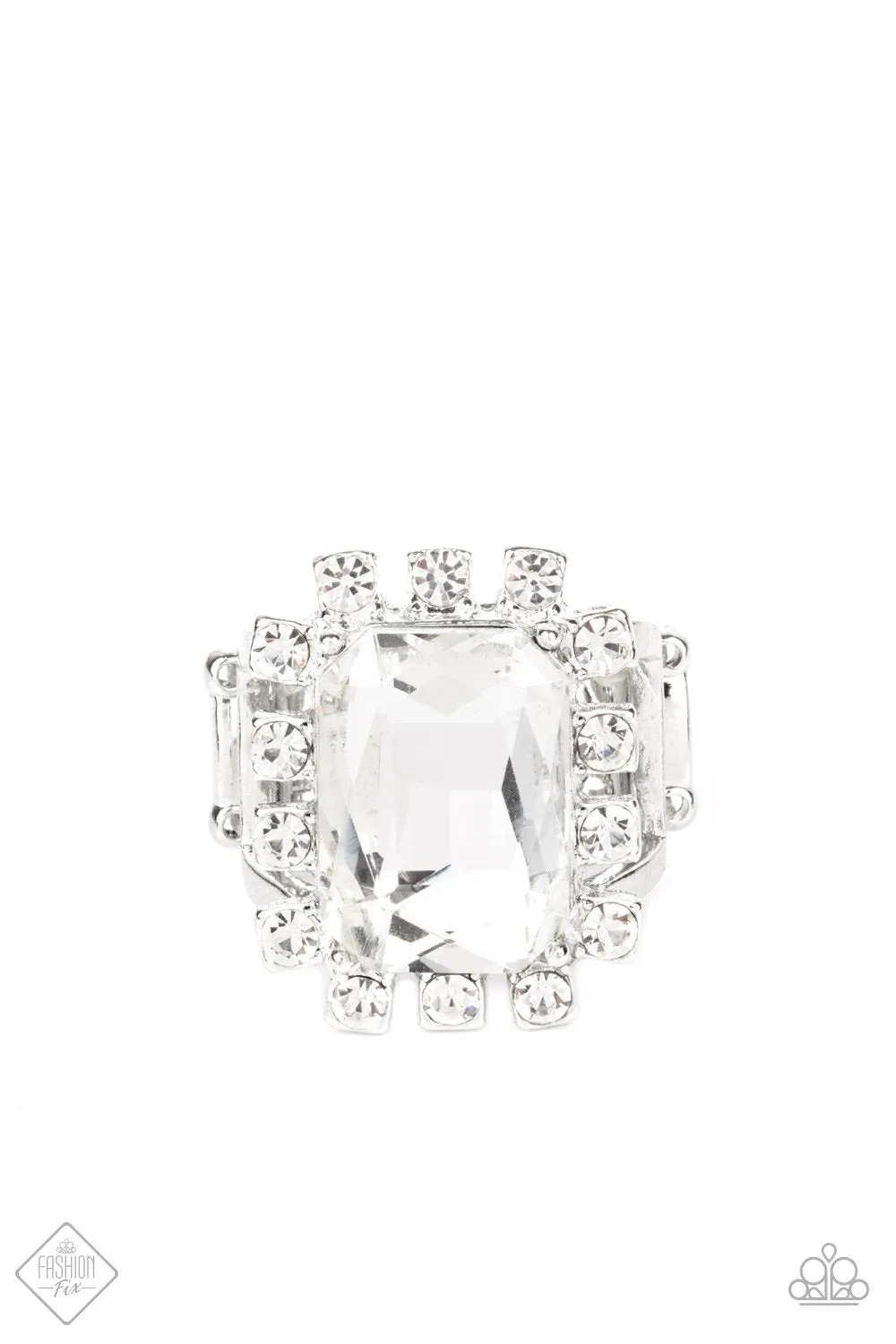 Paparazzi "Galactic Glamour" Silver Metal &  White/Clear Rhinestone Elastic Back Ring