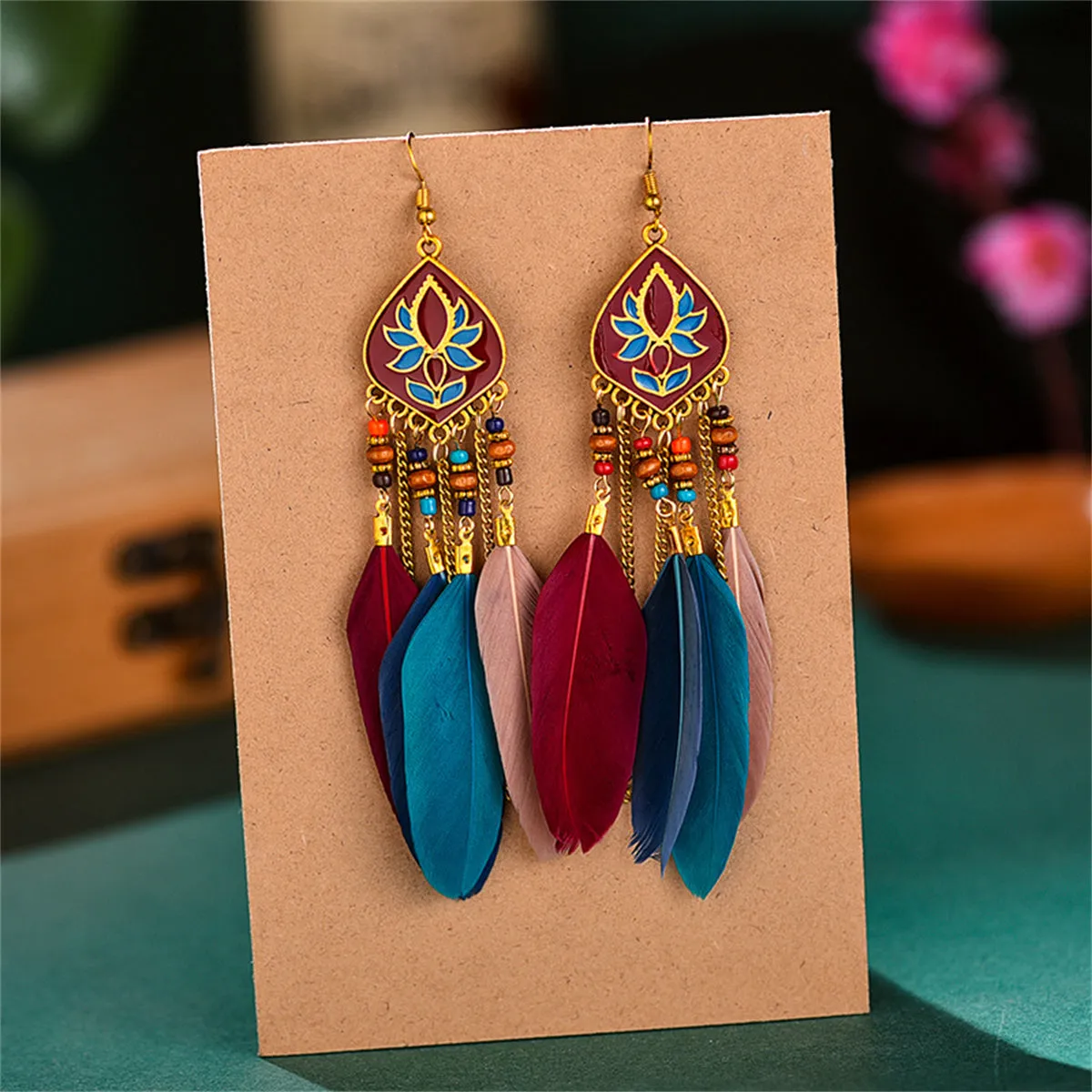 Pink & Red Feather & Resin Drop Earrings