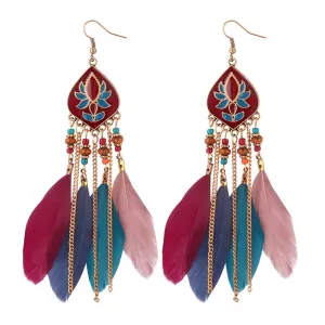 Pink & Red Feather & Resin Drop Earrings