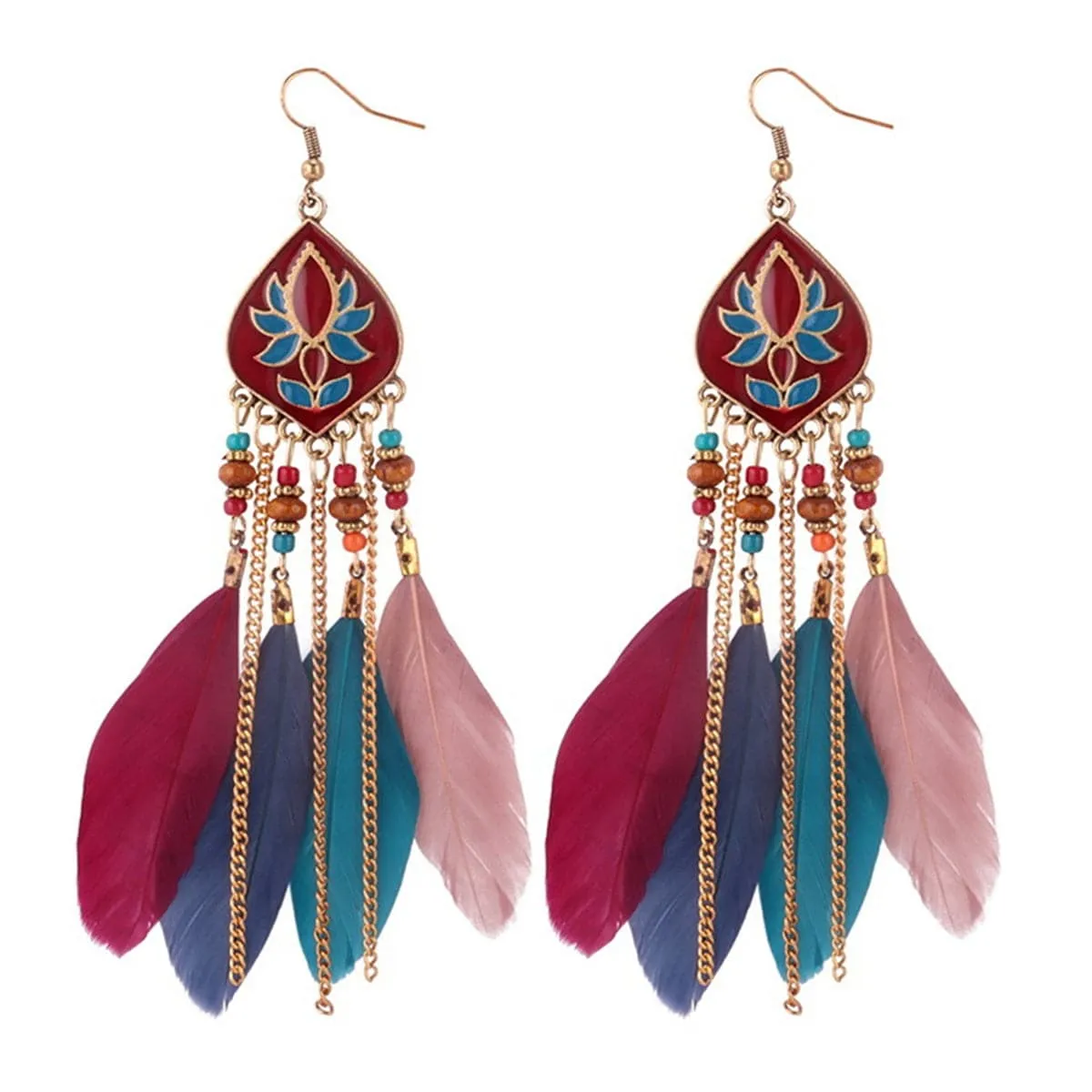 Pink & Red Feather & Resin Drop Earrings
