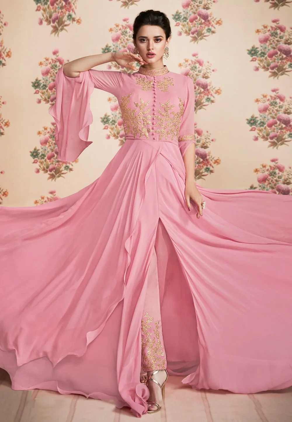 Pink Golden Embroidered Flared Anarkali Pant Suit
