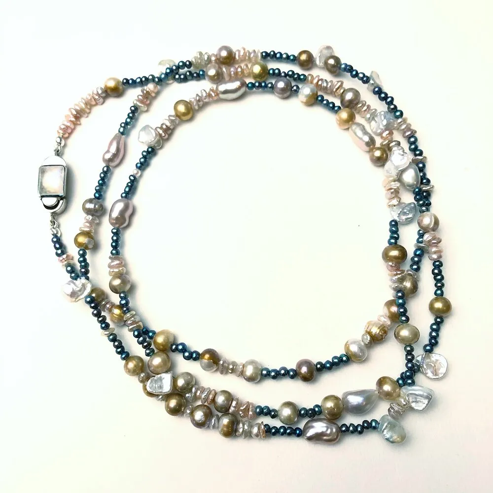 Pink, Peach, White, and Blue Pearl Necklace