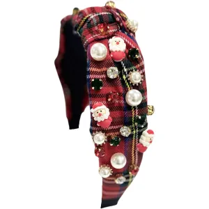 Plaid Rhinestone Pearl Santa Knot Headband