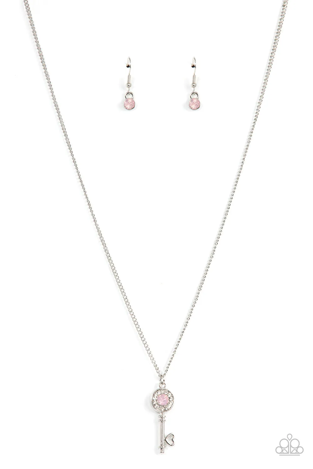 "Prized Key Player" Silver Metal Pink Rhinestone Key With Heart Necklace Set