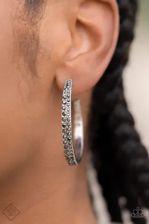 "Tick Tick Boom!" Silver Metal & Hematite Rhinestone Hoop Post Earrings