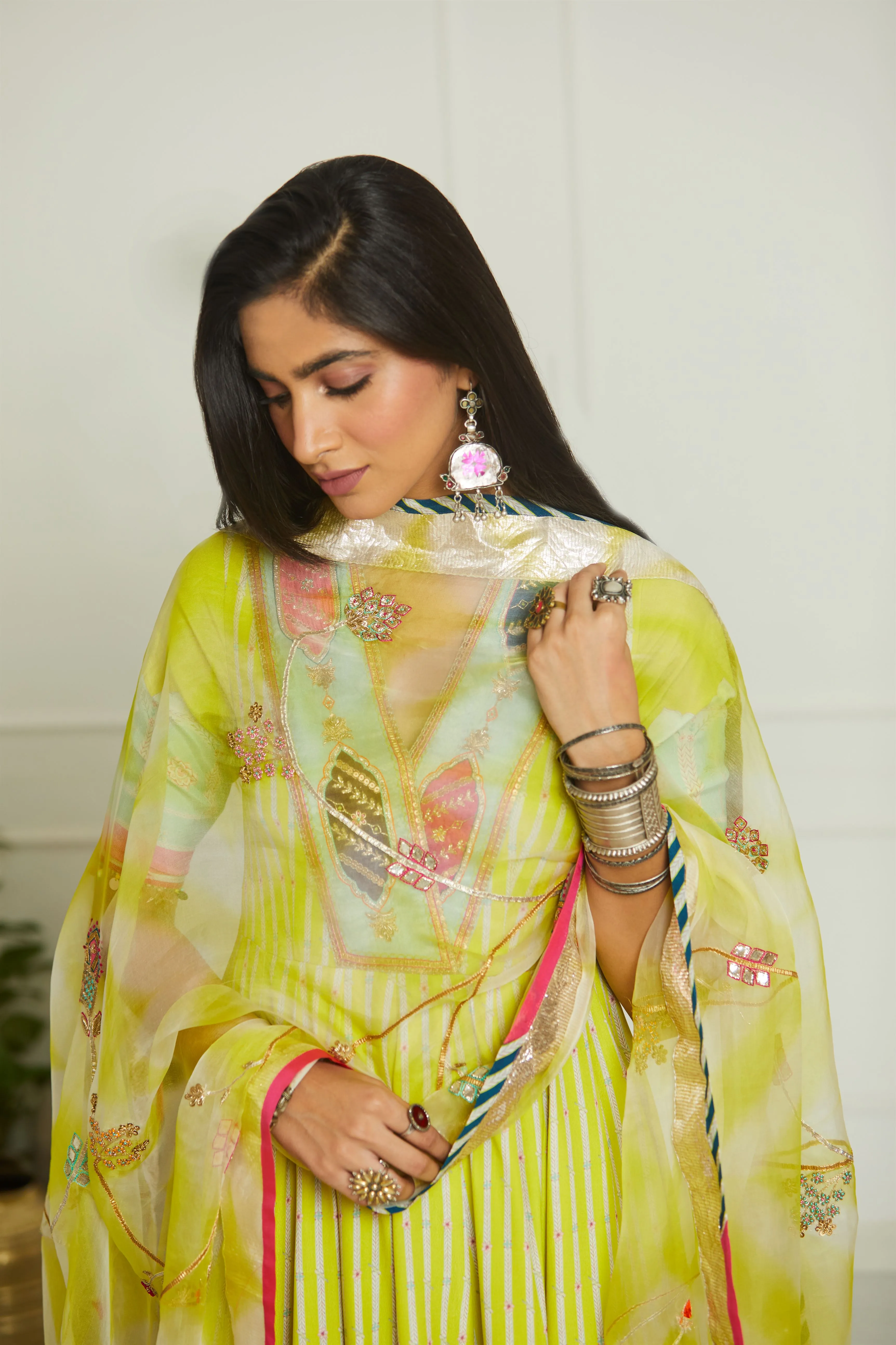 Raji Ramniq Mehezebeen Collection Lime Printed Anarkali Dupatta Mb-105