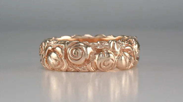 Retro Carved Roses 14 Karat Rose Gold Wedding Band - 6.3mm Wide