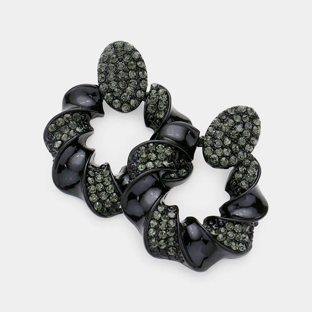 Rhinestone Embellished Black Spiral Open Circle Pageant Earrings | Pageant Jewelry |  609171