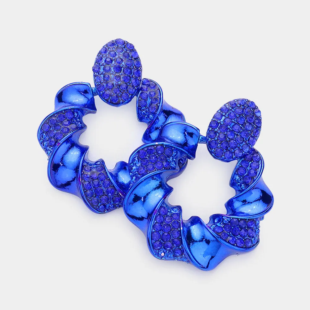 Rhinestone Embellished Blue Spiral Open Circle Pageant Earrings | Pageant Jewelry |  609170