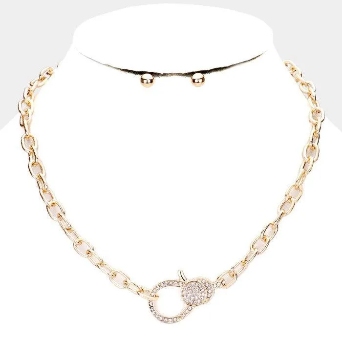 Rhinestone Embellished Lobster Clasp Gold Necklace Set