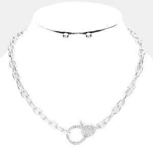 Rhinestone Embellished Lobster Clasp Silver Necklace Set