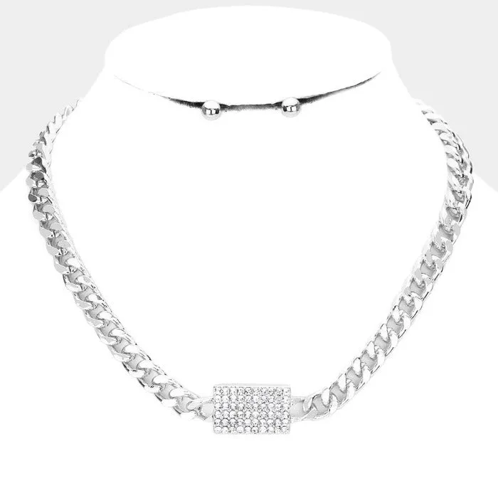 Rhinestone Embellished Rectangle Silver Necklace Set