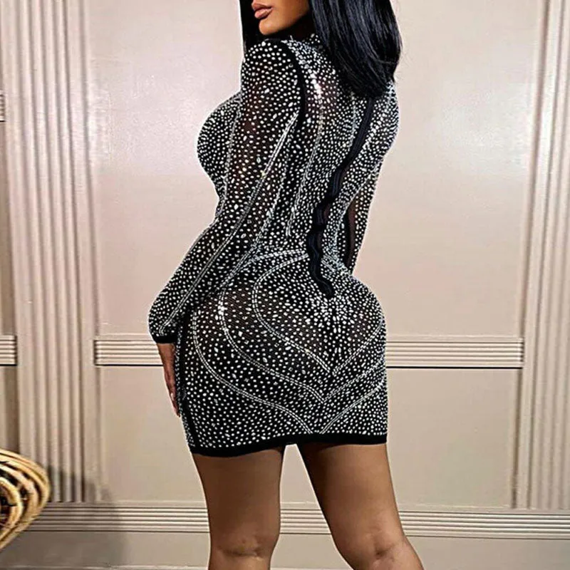 Rhinestone Long Sleeve Cut Out Bodycon Dress