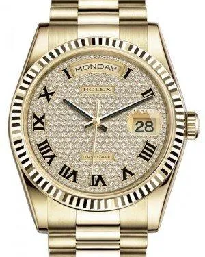 Rolex Day-Date 36 Yellow Gold Diamond Paved Roman Dial & Fluted Bezel President Bracelet 118238
