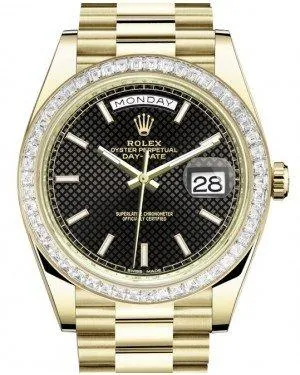 Rolex Day-Date 40 Yellow Gold Black Diagonal Motif Index Dial & Baguette Diamond Bezel President Bracelet 228398TBR