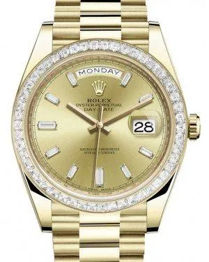 Rolex Day-Date 40 Yellow Gold Champagne Diamond Dial & Baguette Diamond Bezel President Bracelet 228398TBR