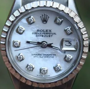 ROLEX STEEL LADIES 26mm DATEJUST WATCH WARRANTY VINTAGE DIAMOND MOP DIAL