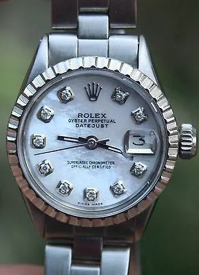 ROLEX STEEL LADIES 26mm DATEJUST WATCH WARRANTY VINTAGE DIAMOND MOP DIAL