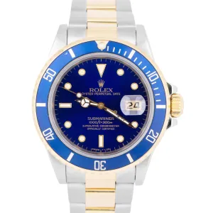 Rolex Submariner Date BLUE 18K Yellow Gold Stainless Steel 40mm Watch 16803