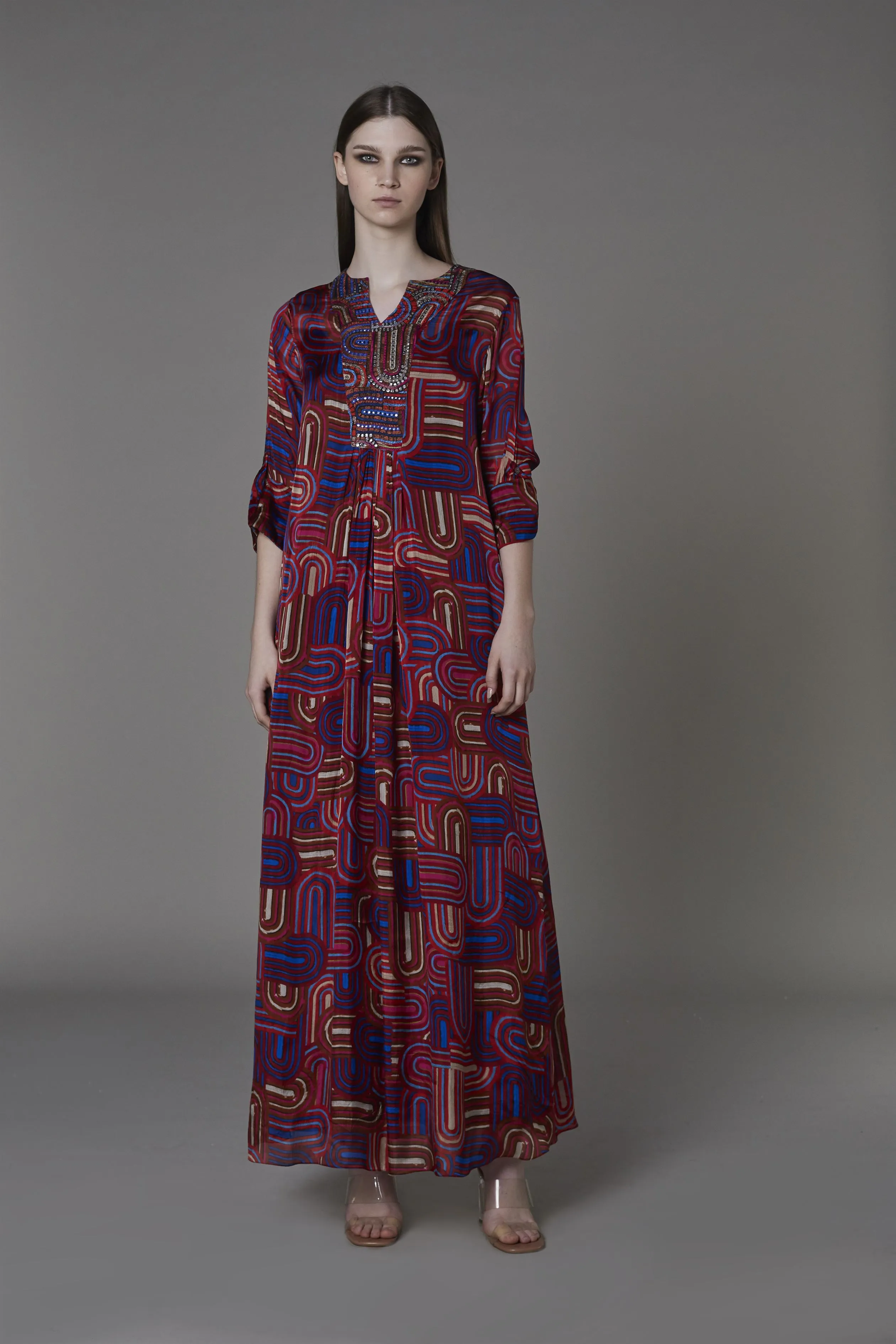 Saaksha & KinniÂ    I   Red semi circle embroidered kaftan kurta Chiffon / Cotton Silk  Red / Blue SS22101
