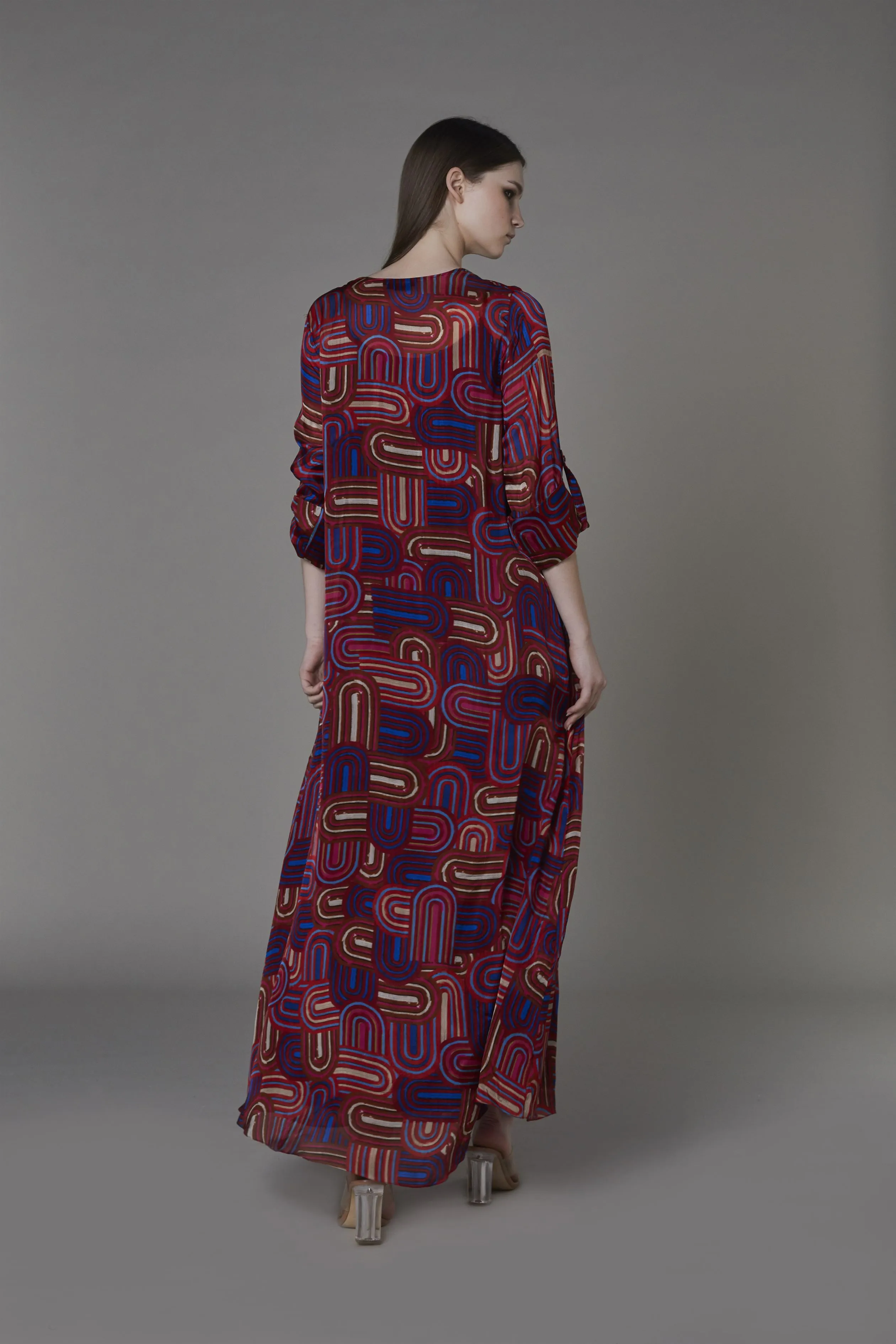 Saaksha & KinniÂ    I   Red semi circle embroidered kaftan kurta Chiffon / Cotton Silk  Red / Blue SS22101