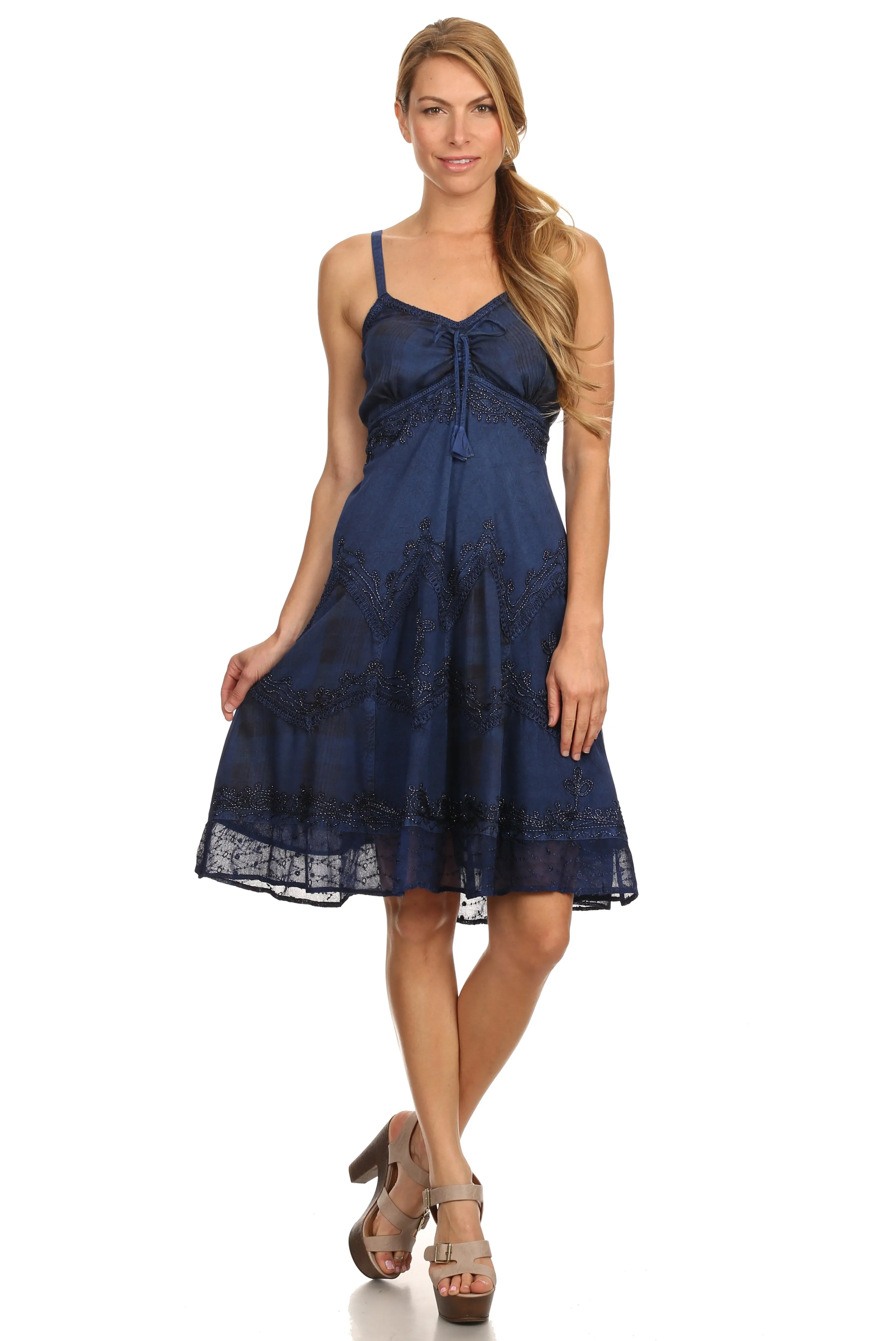 Sakkas Lacey Stonewashed Embroidered Silver Threaded Spaghetti Strap Dress