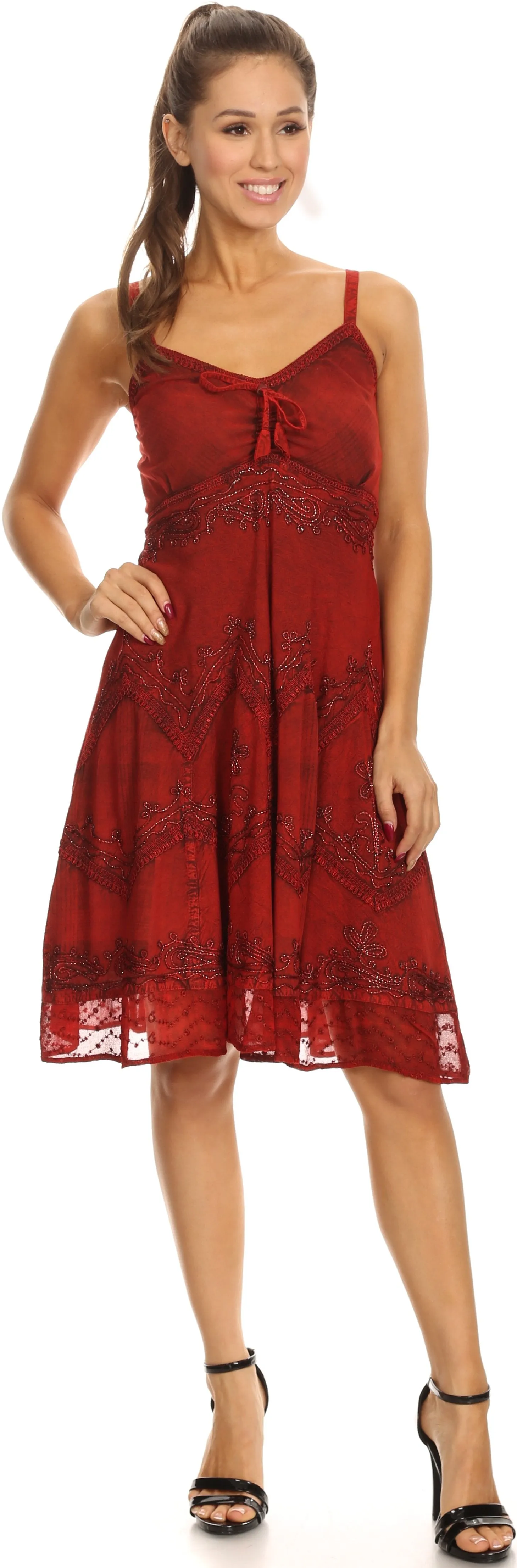 Sakkas Lacey Stonewashed Embroidered Silver Threaded Spaghetti Strap Dress