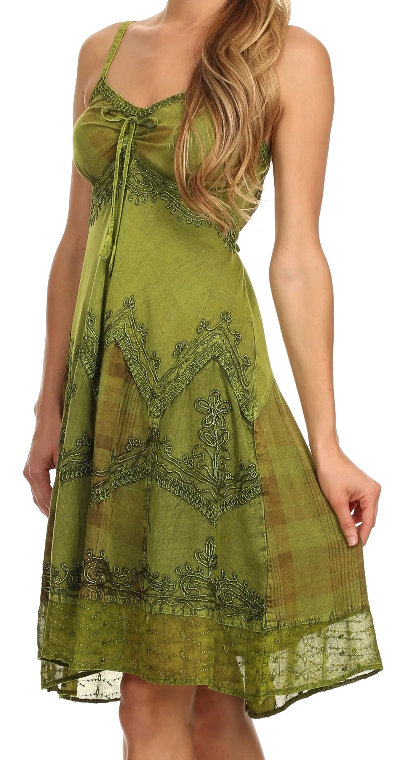 Sakkas Lacey Stonewashed Embroidered Silver Threaded Spaghetti Strap Dress
