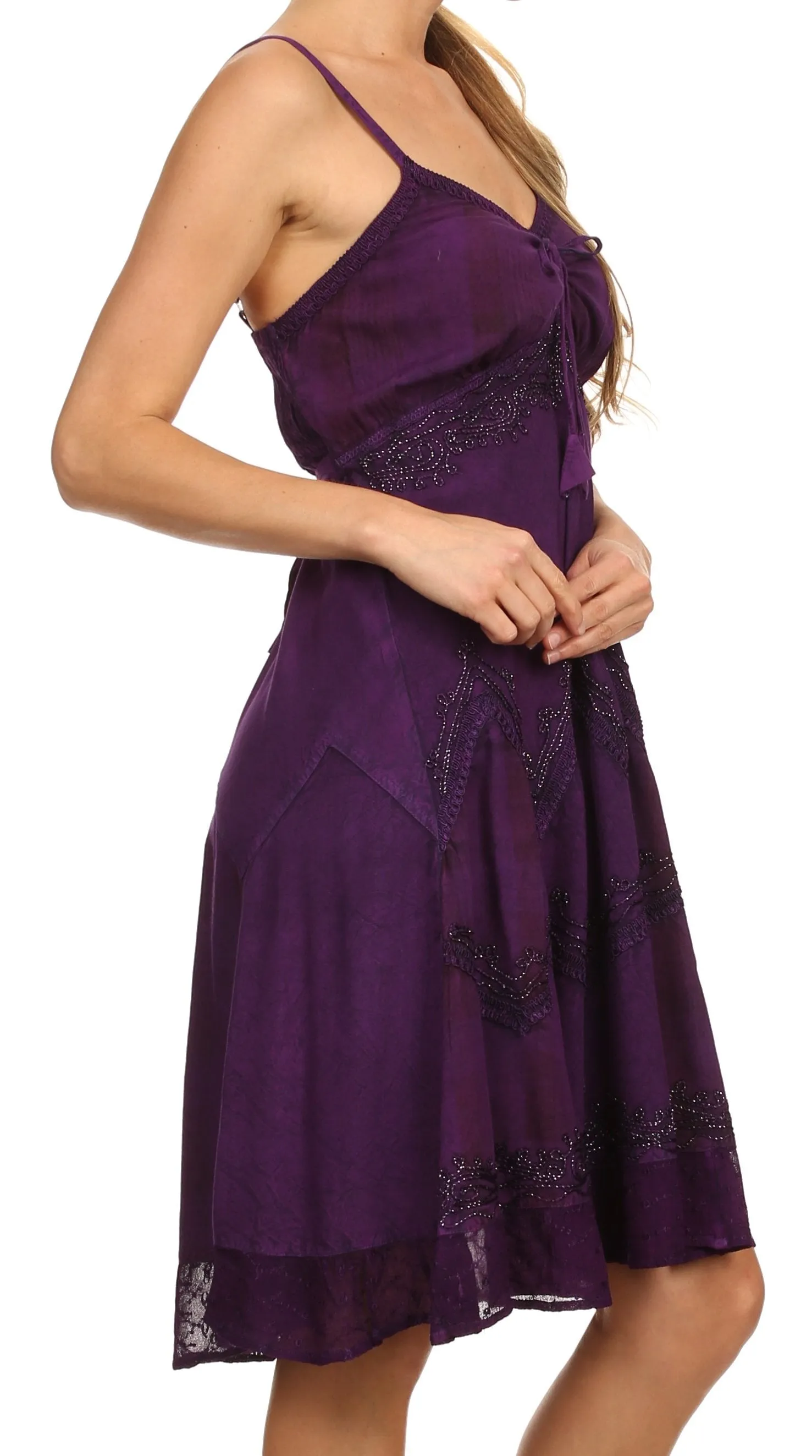 Sakkas Lacey Stonewashed Embroidered Silver Threaded Spaghetti Strap Dress