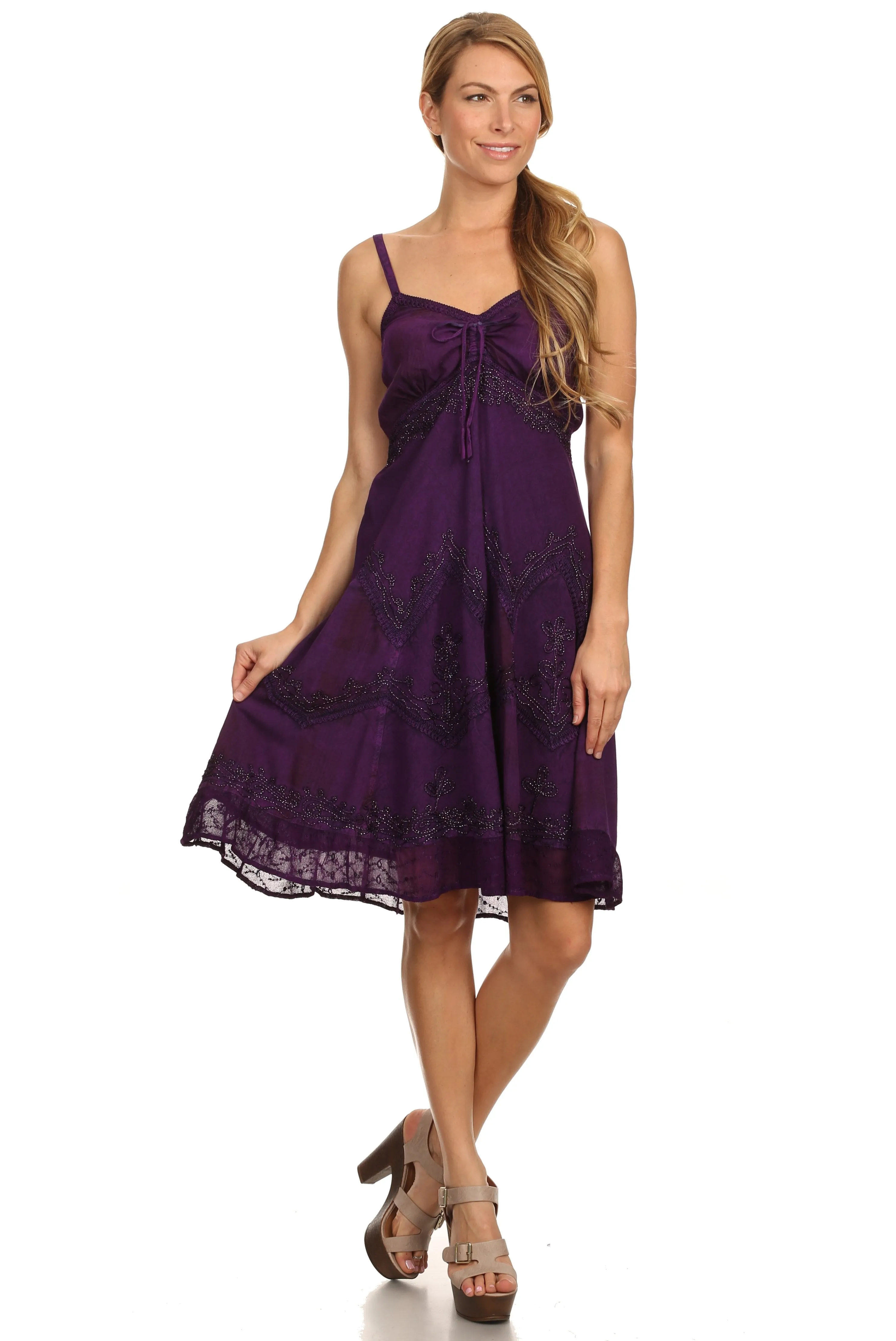 Sakkas Lacey Stonewashed Embroidered Silver Threaded Spaghetti Strap Dress
