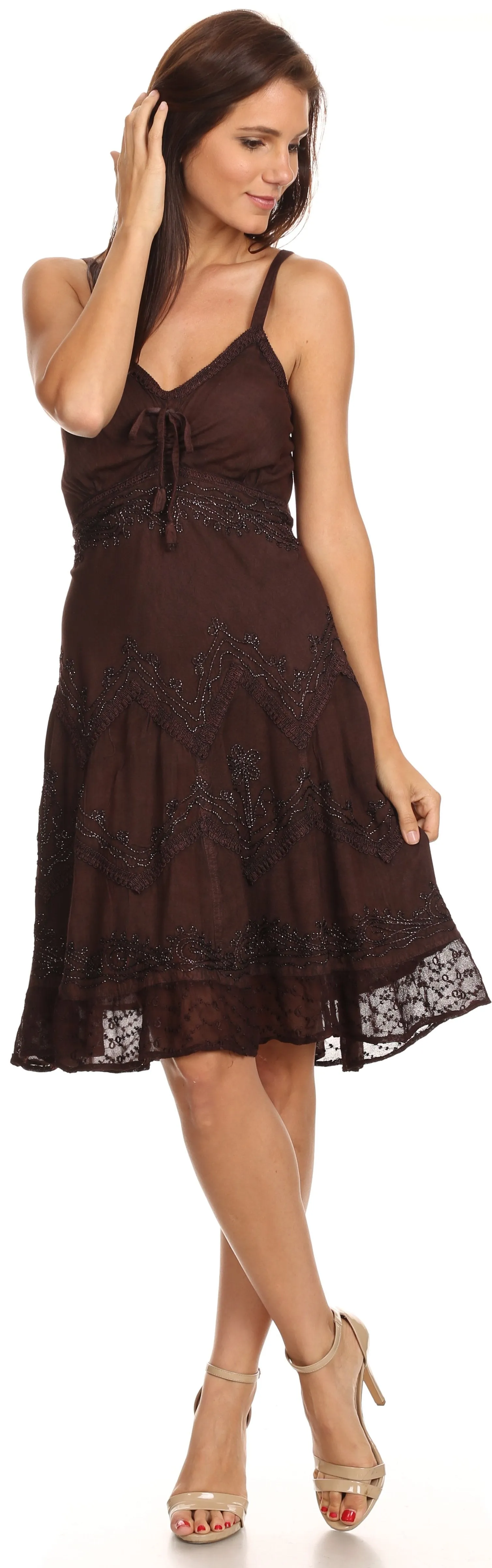 Sakkas Lacey Stonewashed Embroidered Silver Threaded Spaghetti Strap Dress