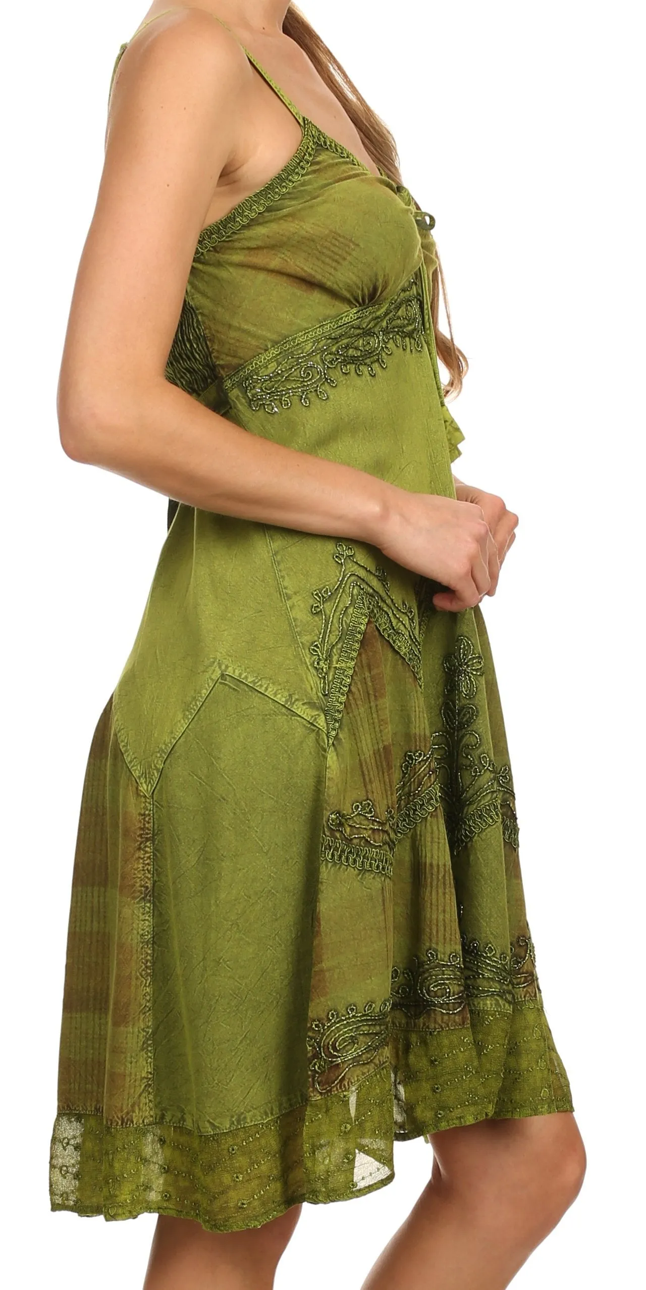 Sakkas Lacey Stonewashed Embroidered Silver Threaded Spaghetti Strap Dress
