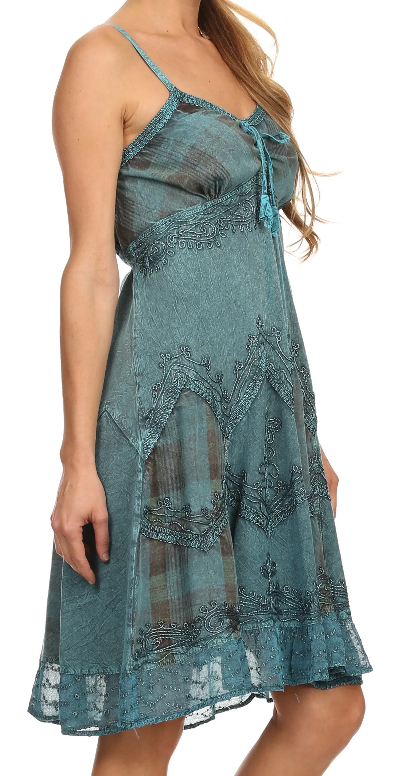 Sakkas Lacey Stonewashed Embroidered Silver Threaded Spaghetti Strap Dress