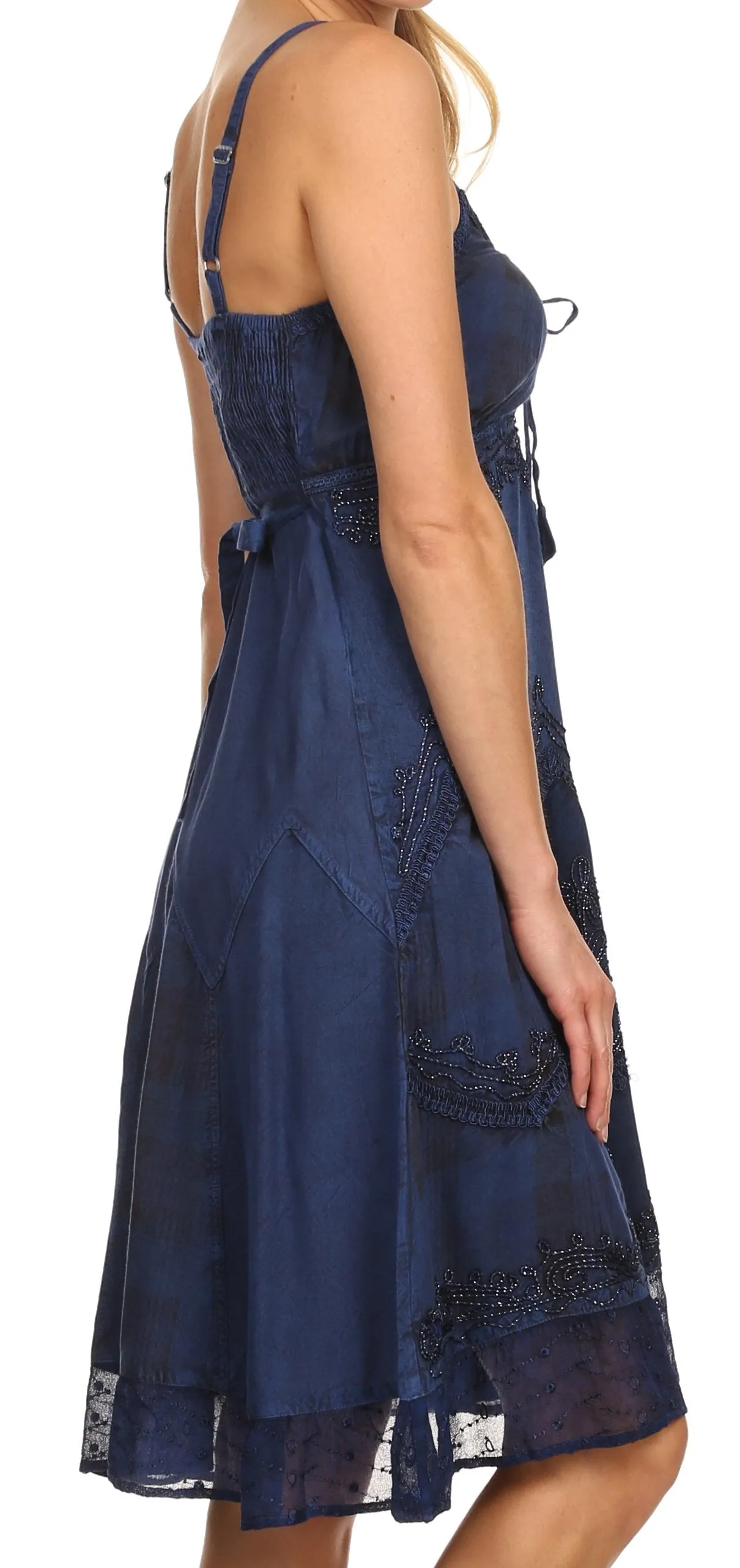 Sakkas Lacey Stonewashed Embroidered Silver Threaded Spaghetti Strap Dress