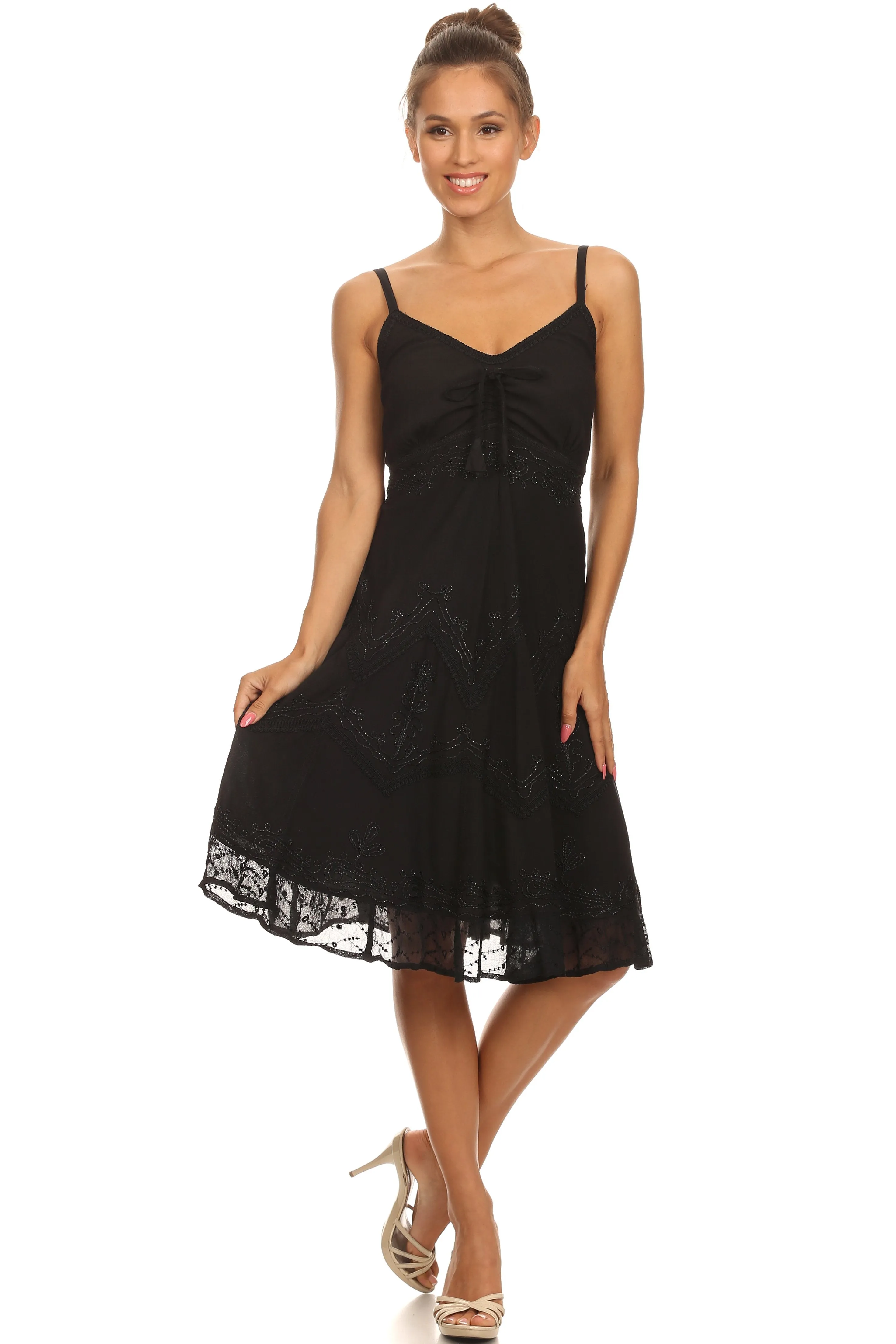 Sakkas Lacey Stonewashed Embroidered Silver Threaded Spaghetti Strap Dress