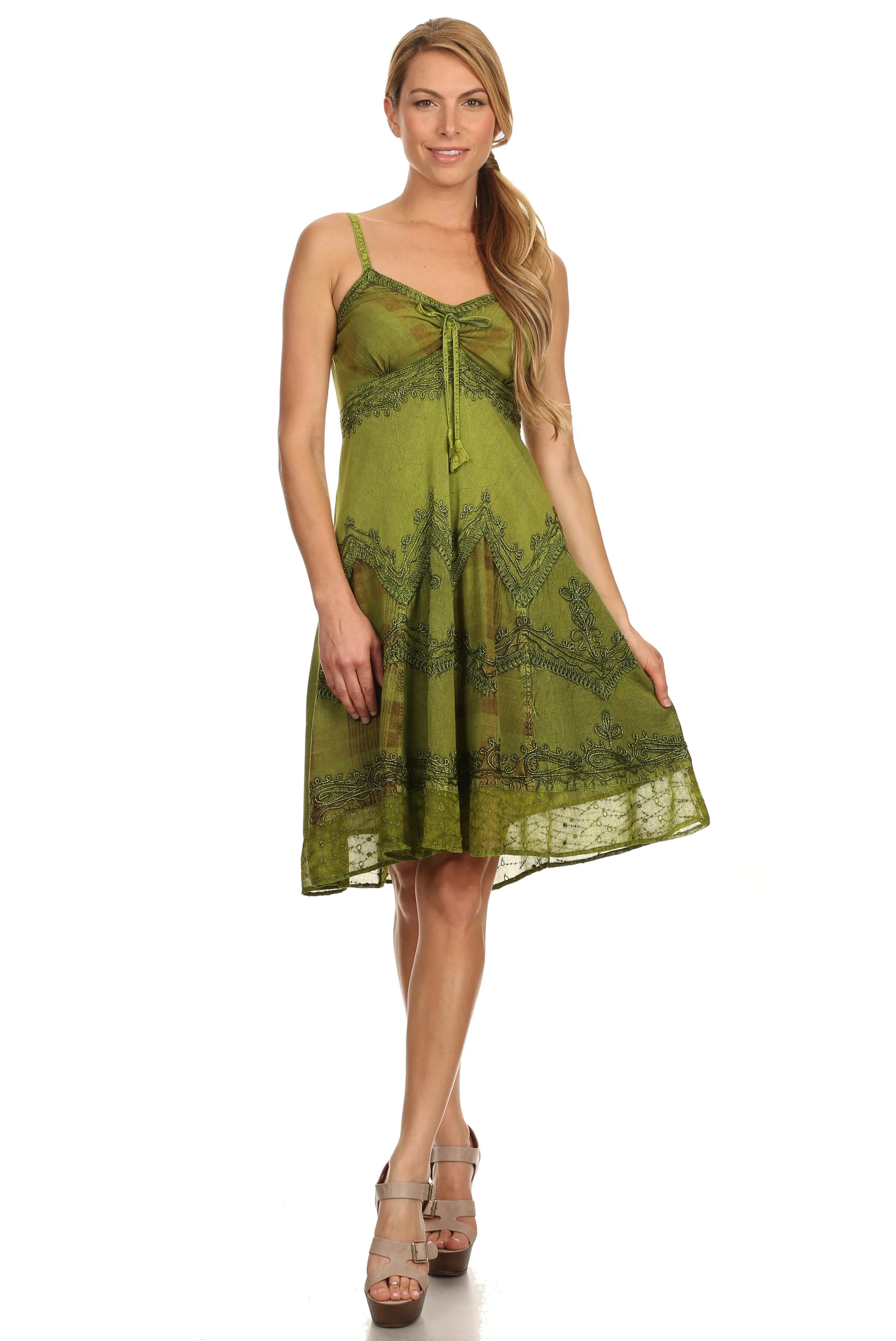 Sakkas Lacey Stonewashed Embroidered Silver Threaded Spaghetti Strap Dress