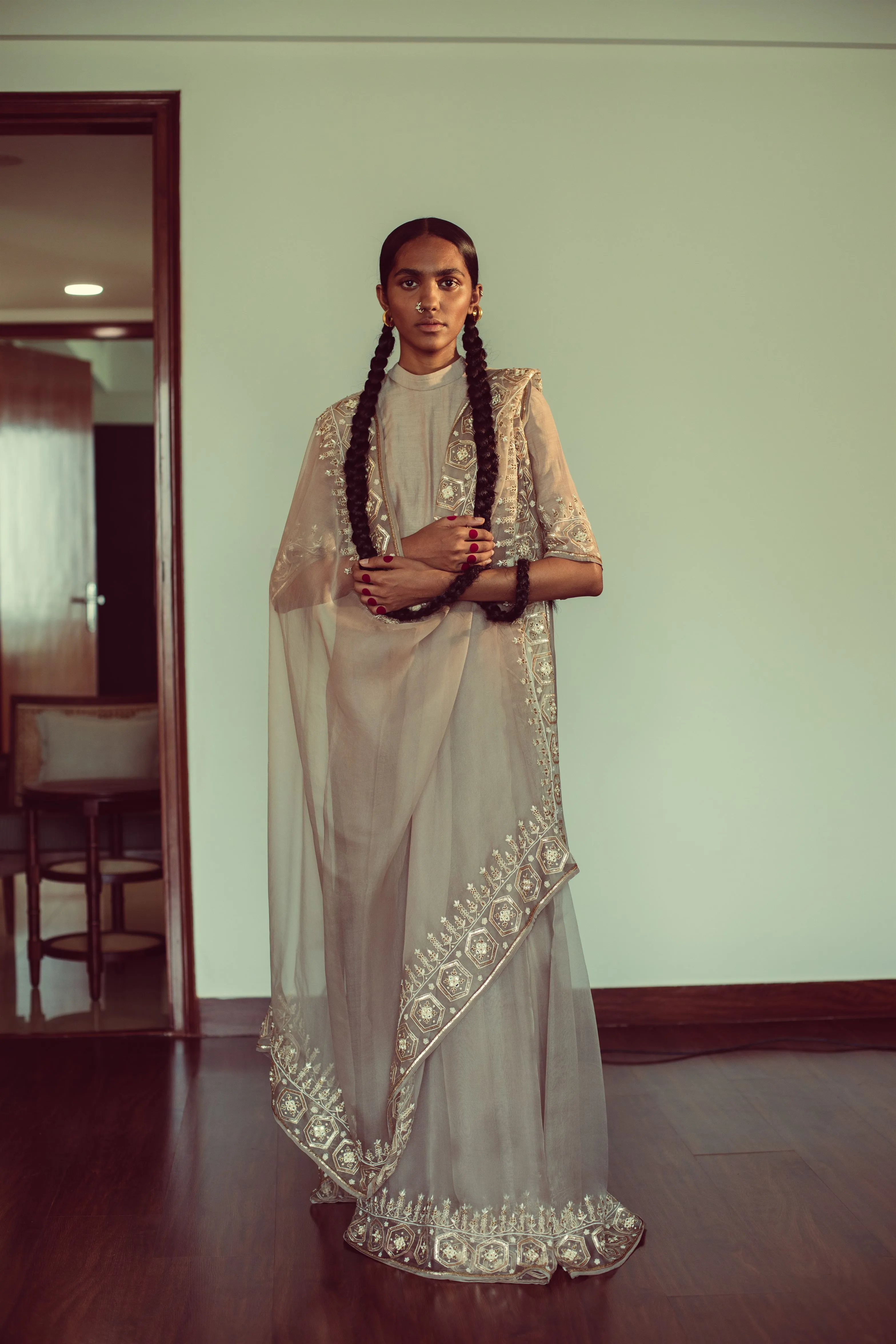 Sarang Kaur St.Martins Grey Jaipuri saree Organza silk Blouse piece Chanderi silk Chandni SK01271