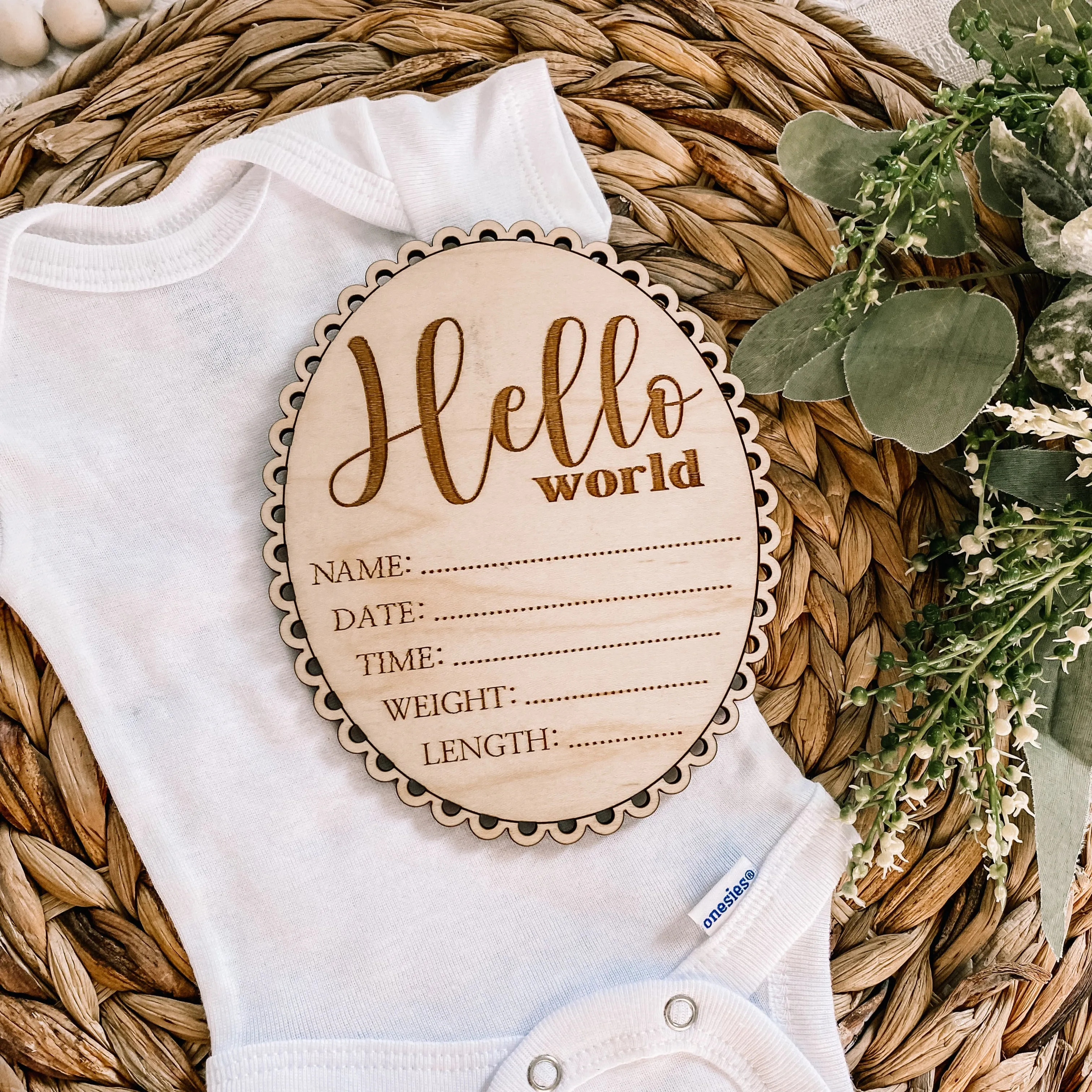 Scalloped Edge Hello World Birth Stat Sign - Cursive