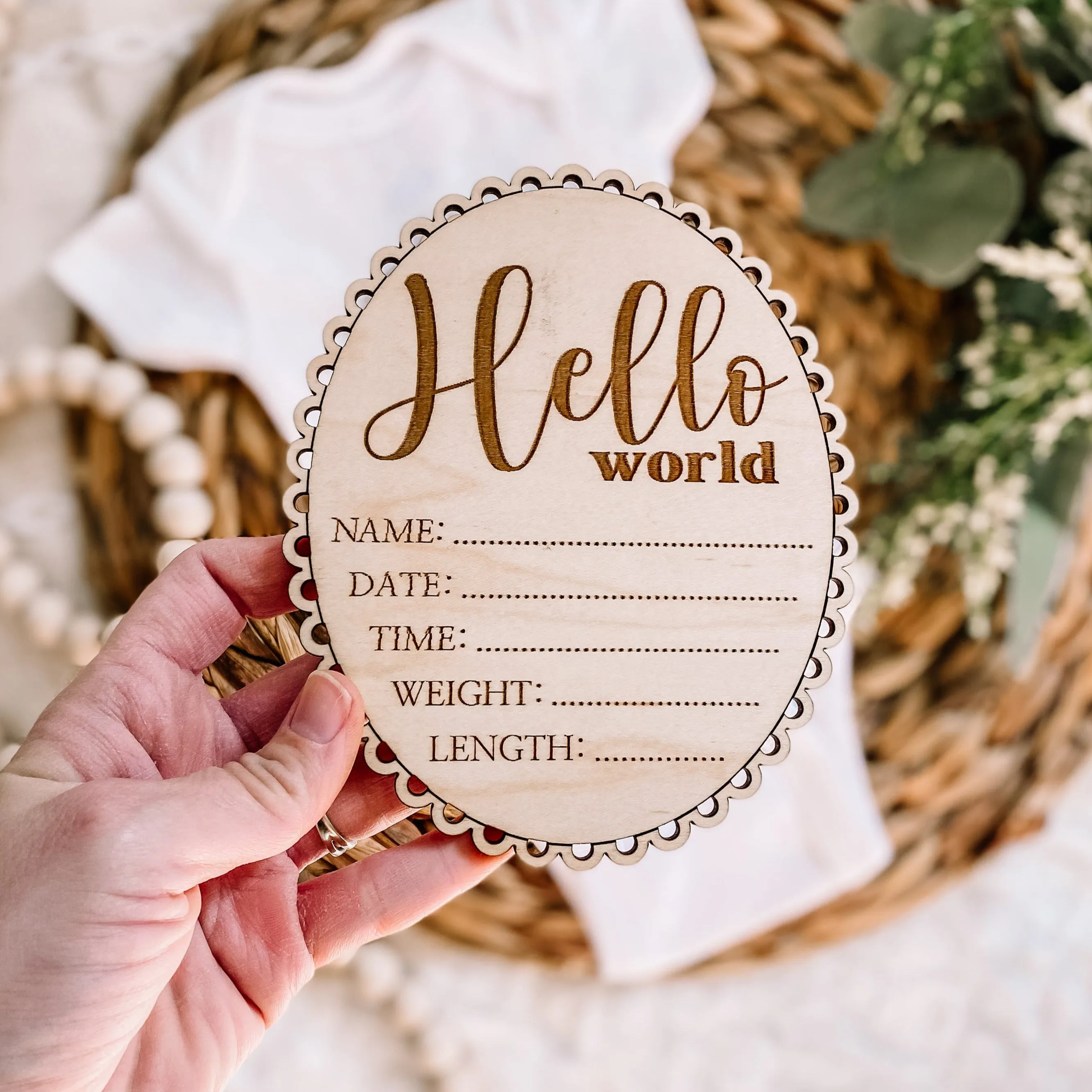 Scalloped Edge Hello World Birth Stat Sign - Cursive
