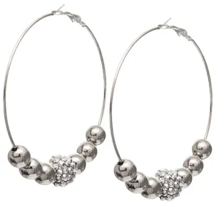 Silver Beaded Rhinestone Fireball Hoop Earrings