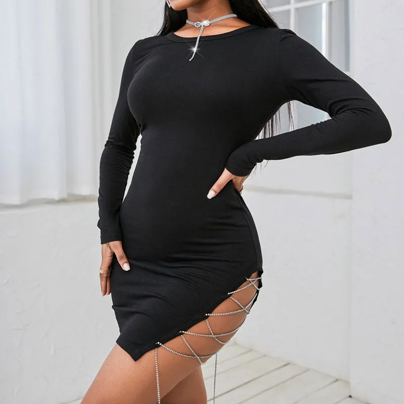 Solid Long Sleeve Rhinestone Bandage Bodycon Dress
