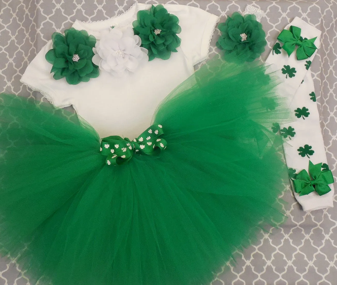 St. Patrick's Day -Green and White Shamrocks-Tutu Set