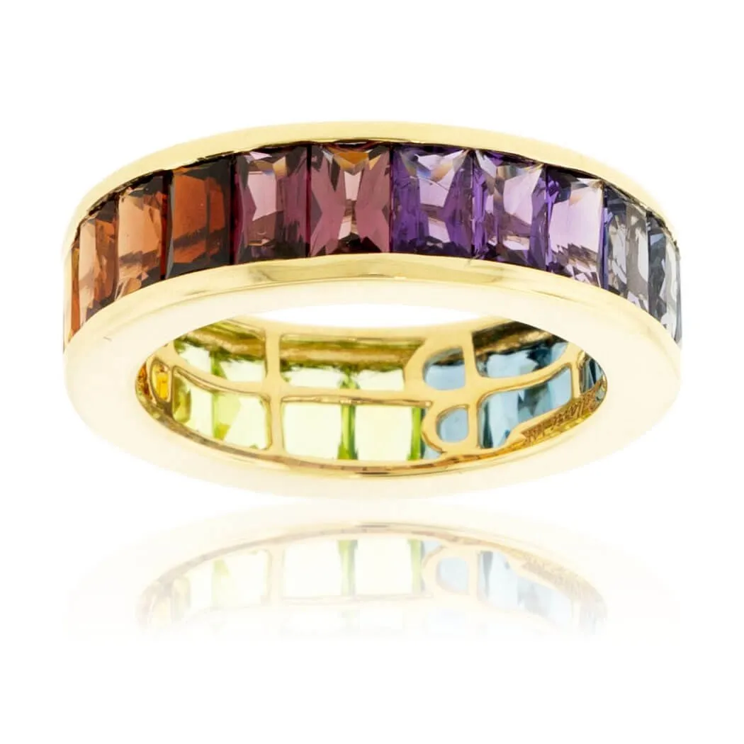 Step Cut Mixed Gemstone Wide Rainbow Ring
