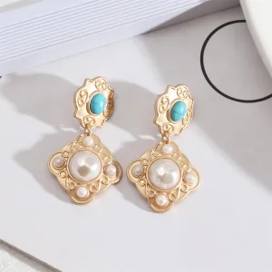Turquoise & Pearl 18K Gold-Plated Rhombus Drop Earrings